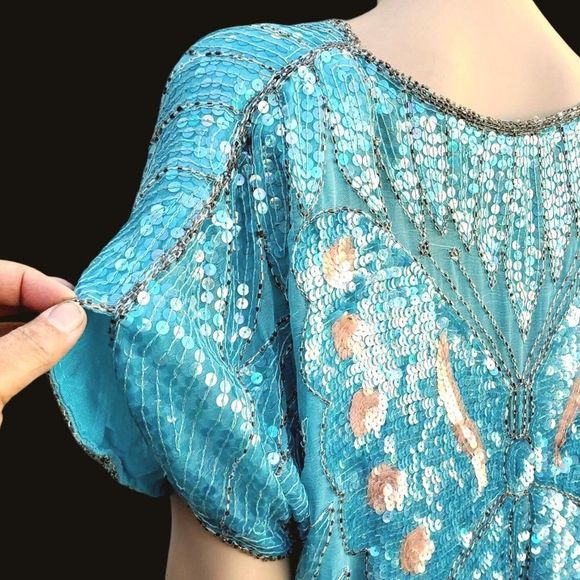 Butterfly Sequin Top Beaded 70s Disco Glam Blue Turquoise Green - Picture 4 of 10